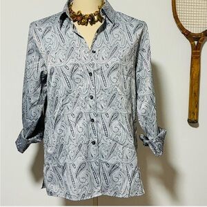 Silver/grey Paisley Jacquard Long Sleeve Button Up Top/Tunic by Foxcroft.